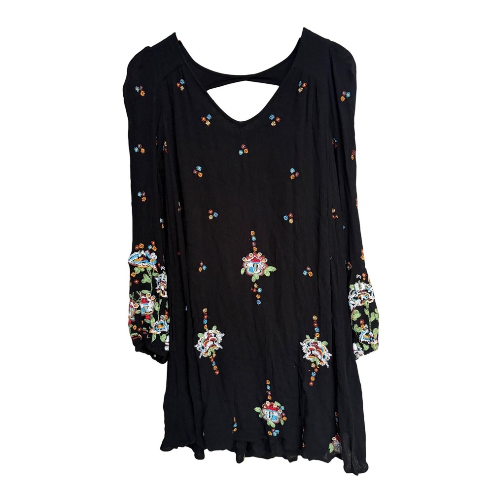 Free People Black Embroidered Mini Dress Womens Medium Long Sleeve Boho V-Neck - Picture 2 of 10